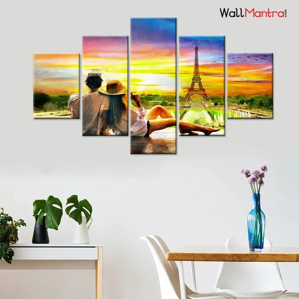 Love Couple Looking Too Sunset 5 Pieces Canvas Print Wall Painting