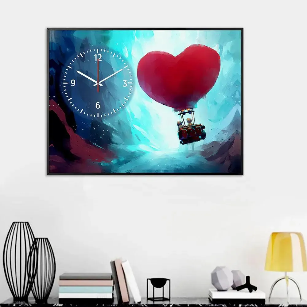 Love couple with Air Balloon Canvas Printed Decorative Wall Clock With Floating Frame