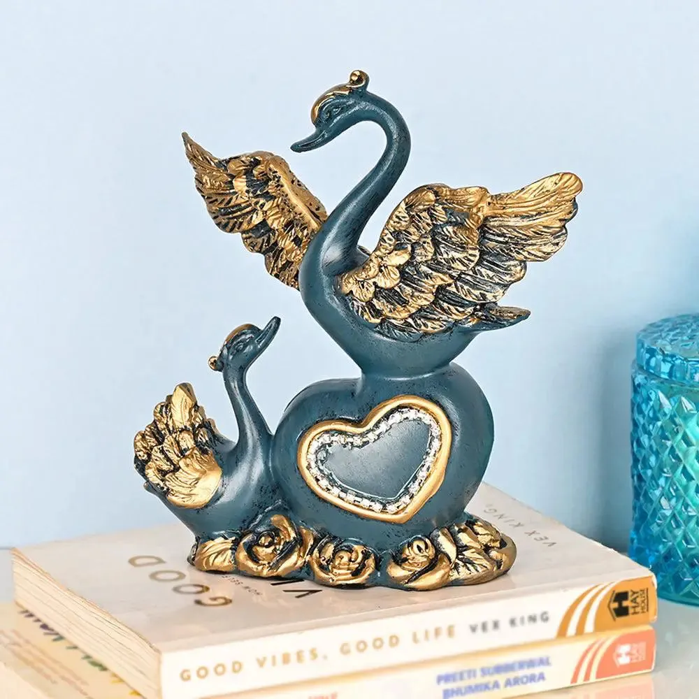Love-evoking Blue Swan Statue with Luxurious Golden Accents