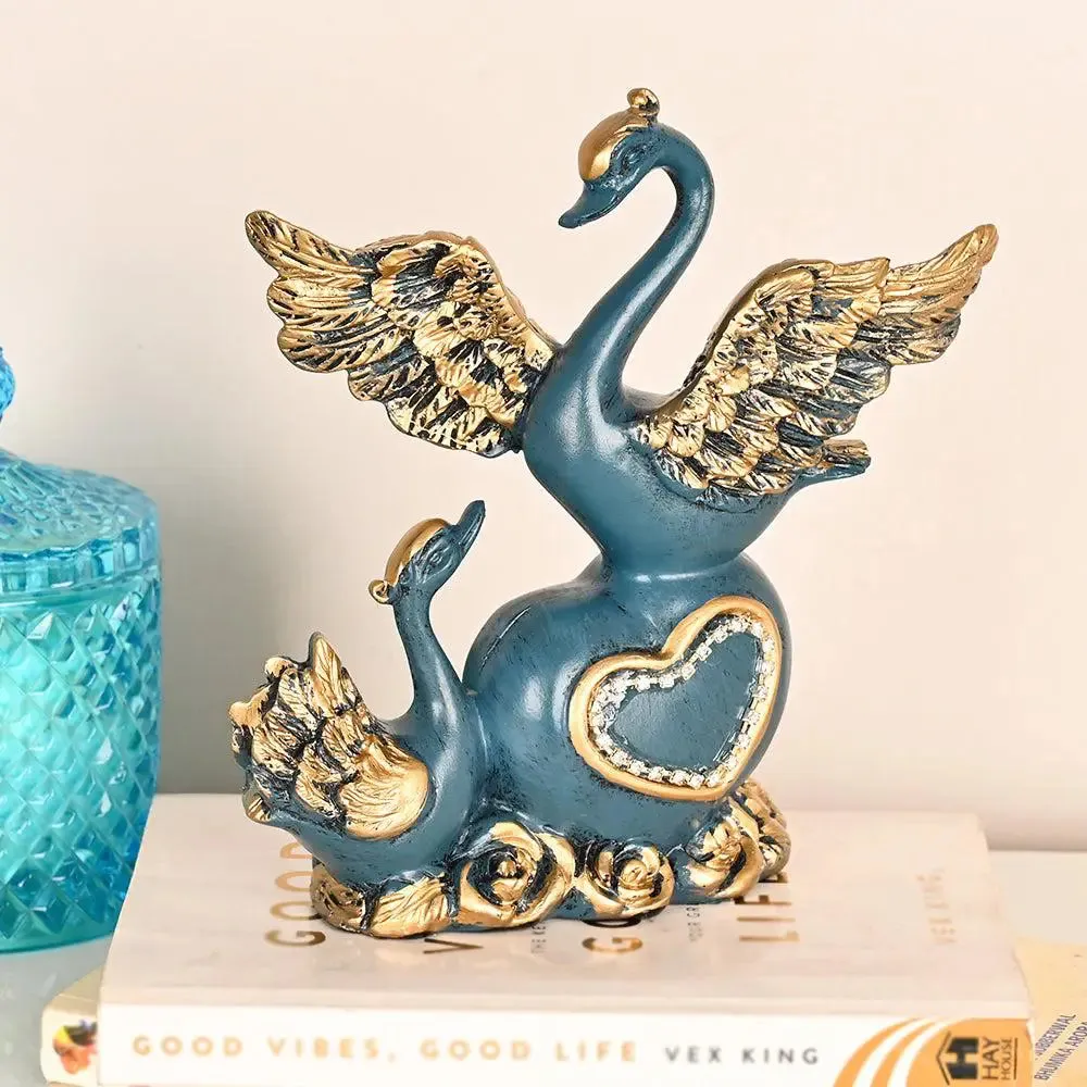 Love-evoking Blue Swan Statue with Luxurious Golden Accents