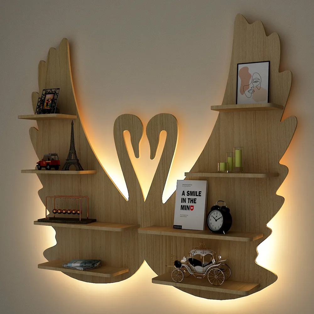 Loving Swan Backlit Wood Wall Shelf / Book Shelf / Night Light, Light Oak Finish Regular ( 27 inches x 32 inches )
