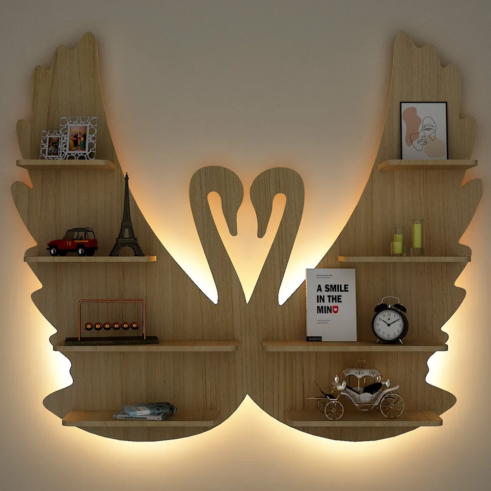 Loving Swan Backlit Wood Wall Shelf / Book Shelf / Night Light, Light Oak Finish Regular ( 27 inches x 32 inches )