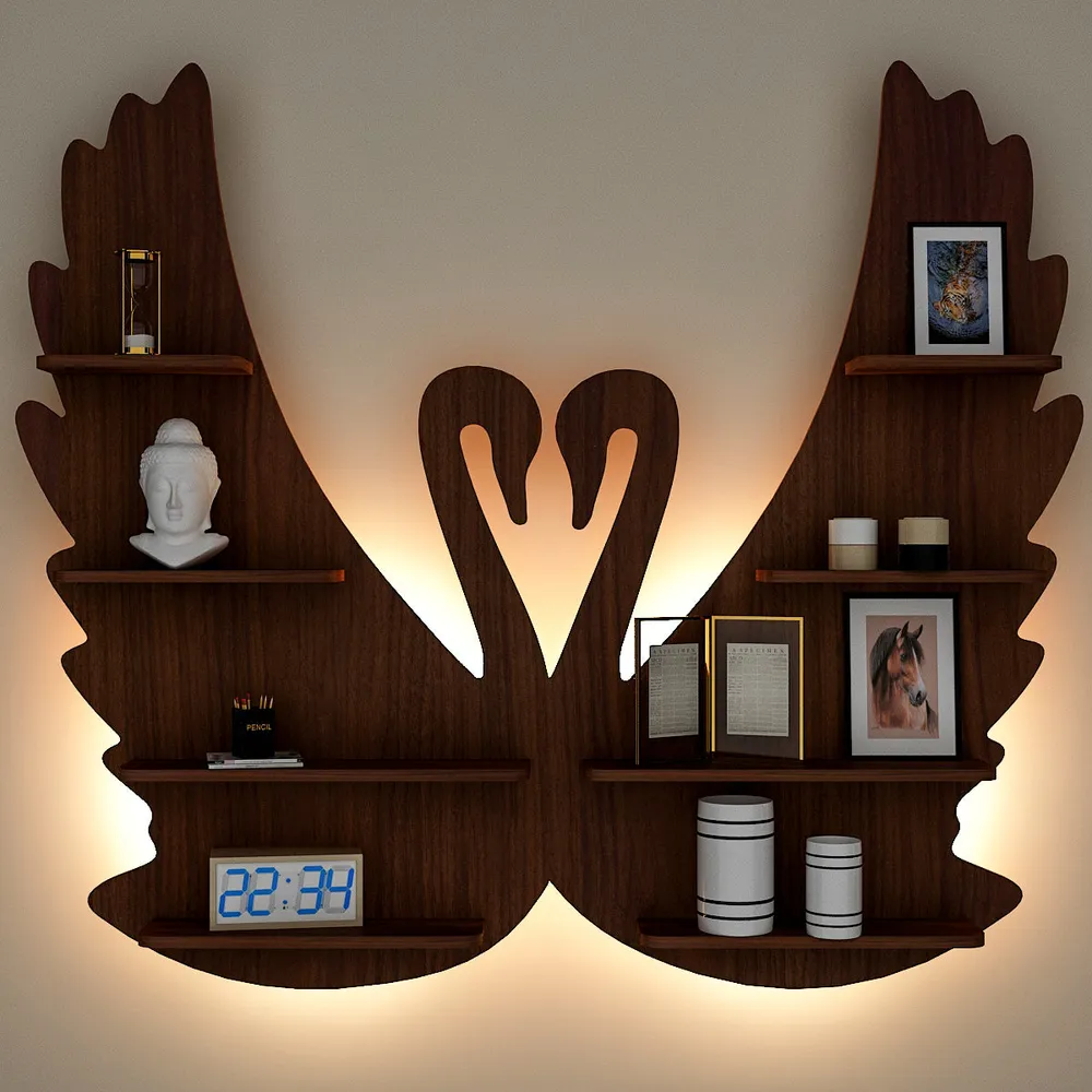 Loving Swan Backlit Wood Wall Shelf / Book Shelf / Night Light, Walnut Finish Regular ( 27 inches x 32 inches )