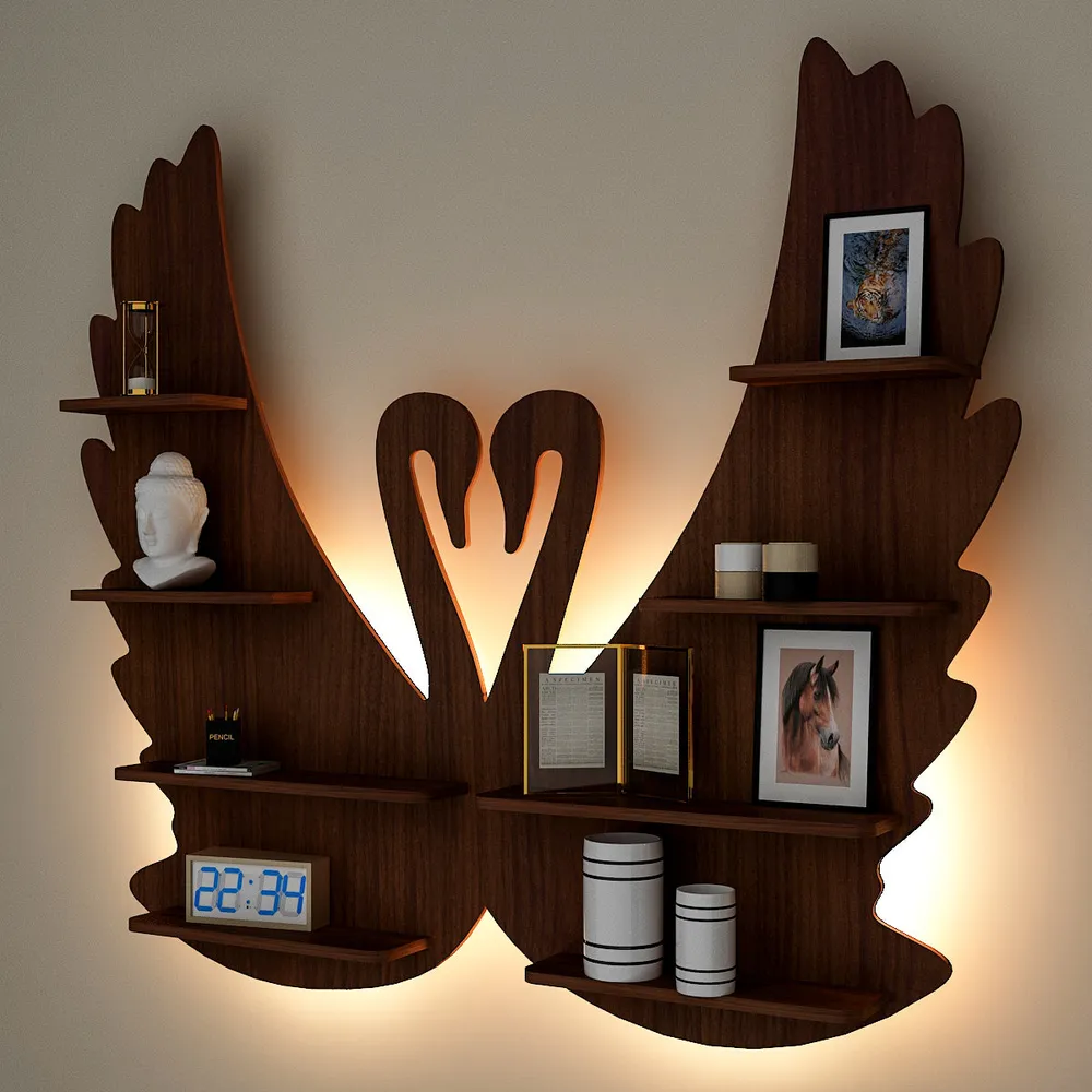 Loving Swan Backlit Wood Wall Shelf / Book Shelf / Night Light, Walnut Finish Regular ( 27 inches x 32 inches )