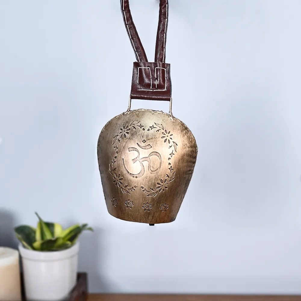 Lucky Rusty Iron Garden Hanging OM Engraved Golden Cow Bell Set Of 1