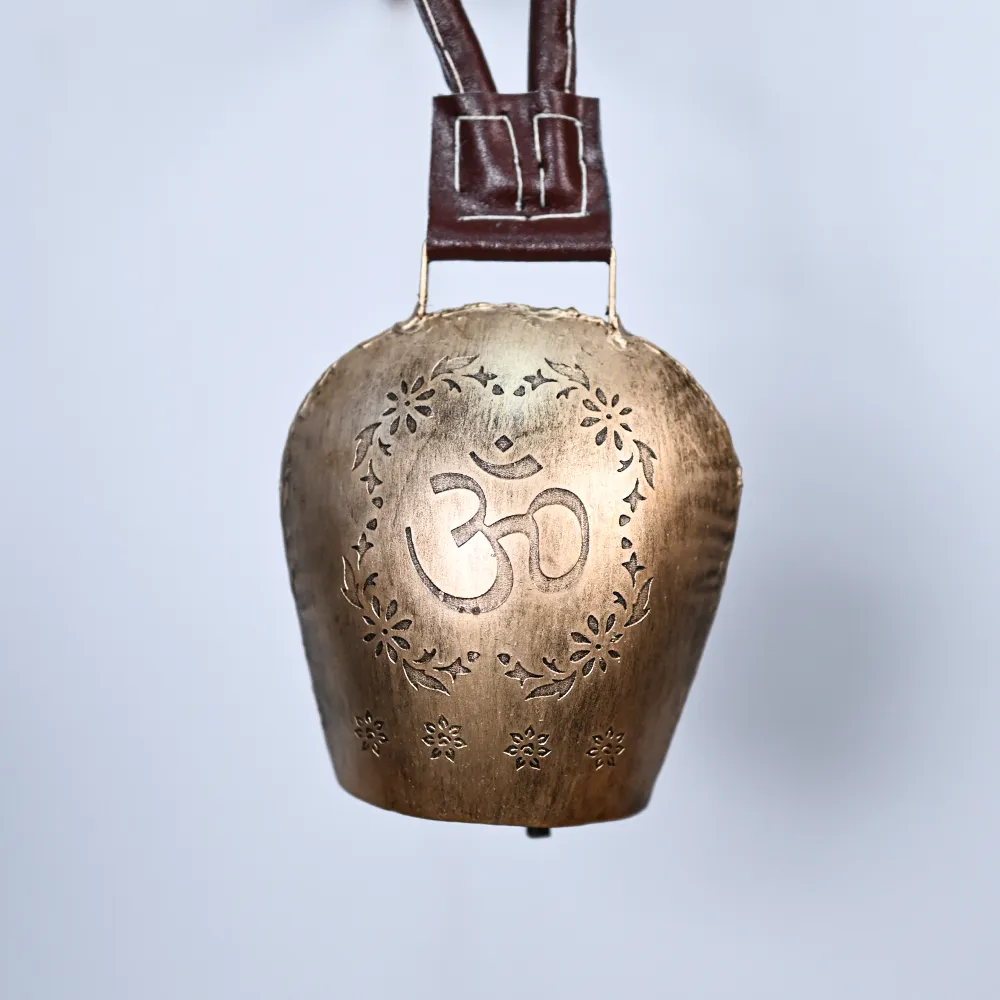 Lucky Rusty Iron Garden Hanging OM Engraved Golden Cow Bell Set Of 1