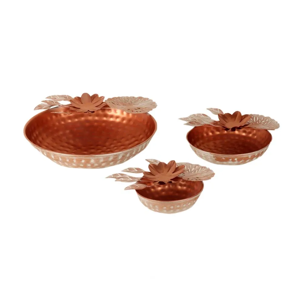 Luminous Copper Finish Metal Flower Urli Bowl Set of 3