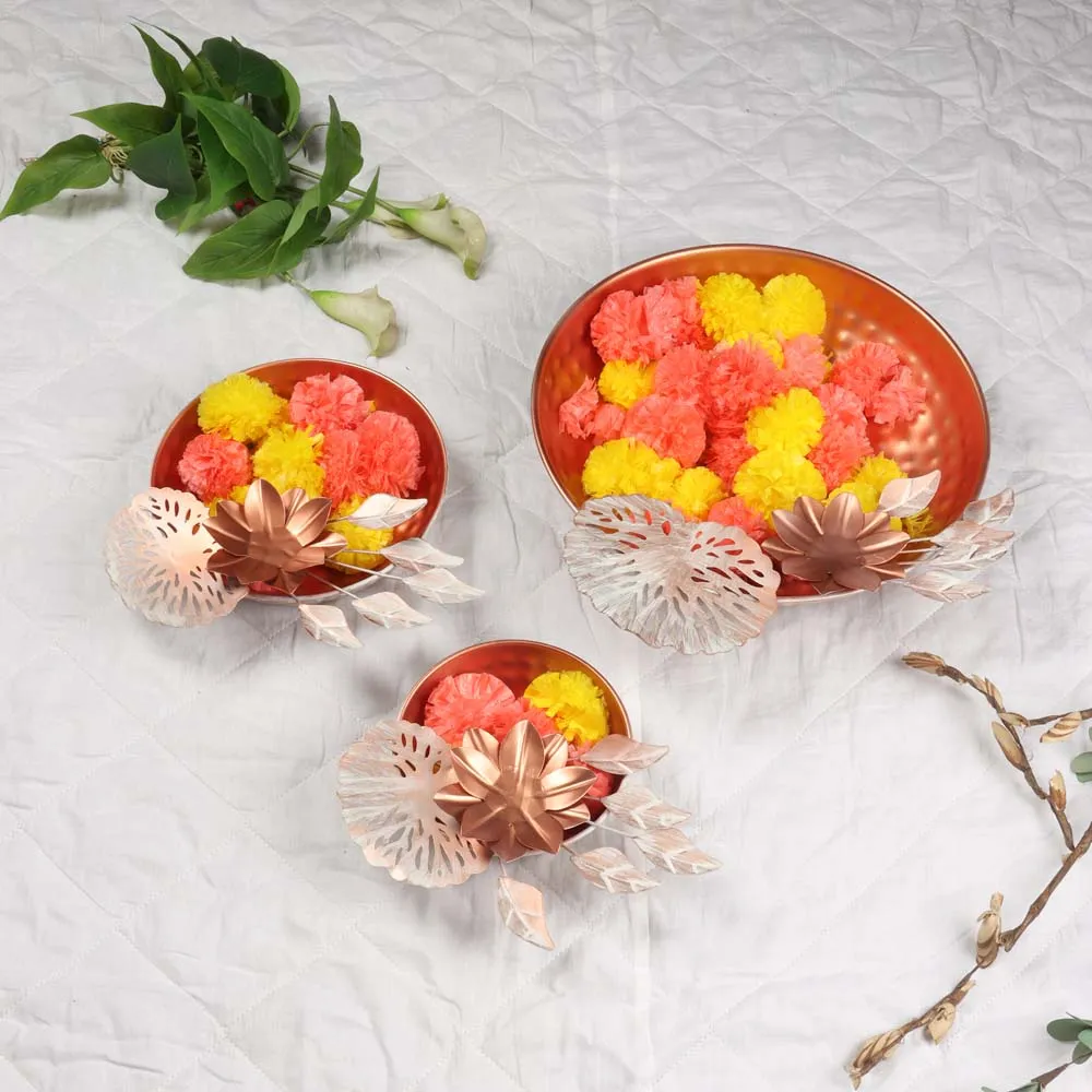 Luminous Copper Finish Metal Flower Urli Bowl Set of 3
