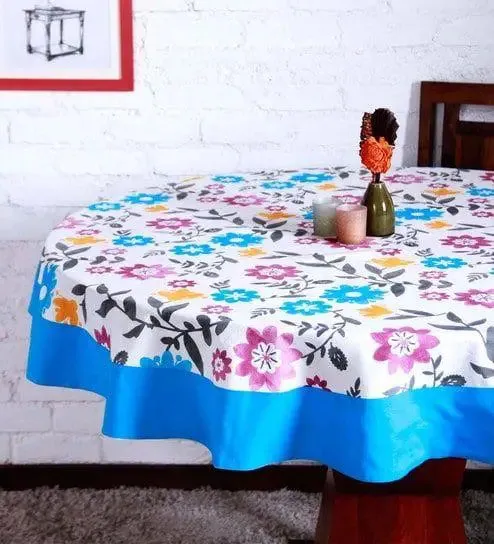 Lushomes 6 Seater Flower Printed Dining Round Table Cover (Pack of 1)