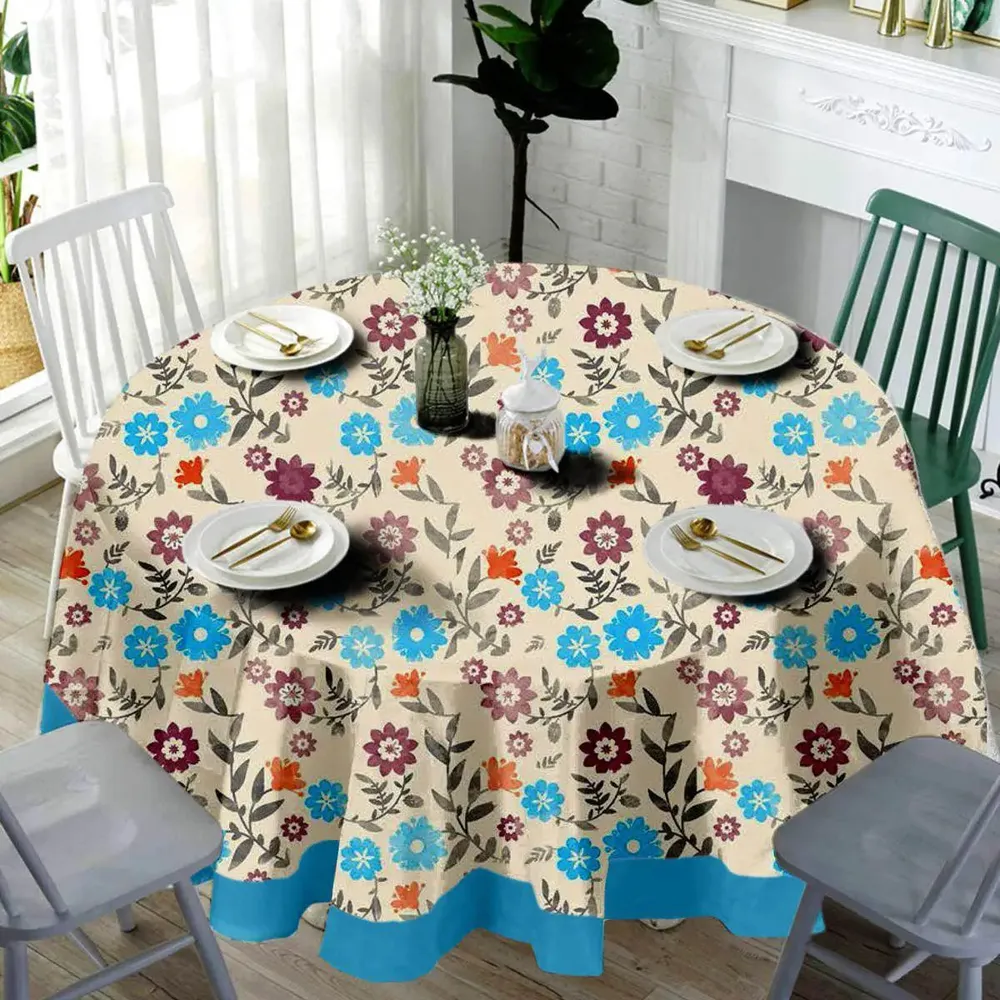Lushomes 6 Seater Flower Printed Dining Round Table Cover (Pack of 1)