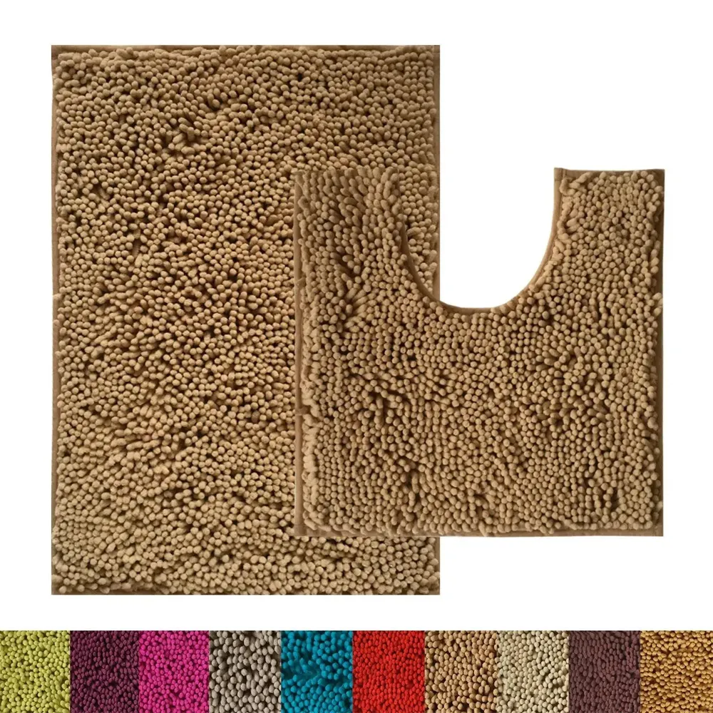 Lushomes Chenille Croissant Bath mat Set with High Pile Microfiber