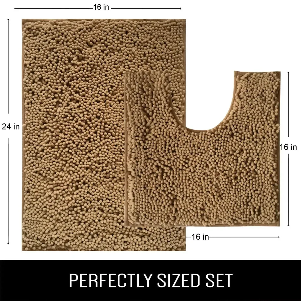 Lushomes Chenille Croissant Synthetic No-Slip Bath Mat Set