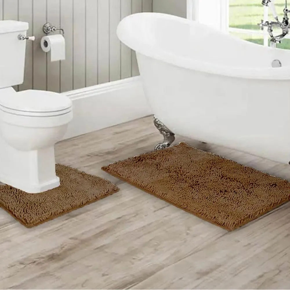 Lushomes Chenille Croissant Synthetic No-Slip Bath Mat Set