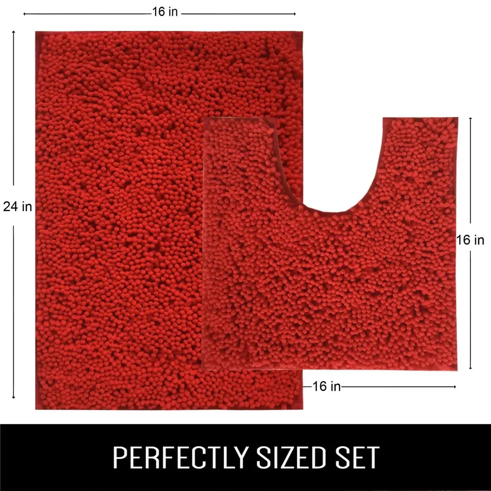 Lushomes Chenille Rococco Red No-Slip 2200 GSM Bathmat Set