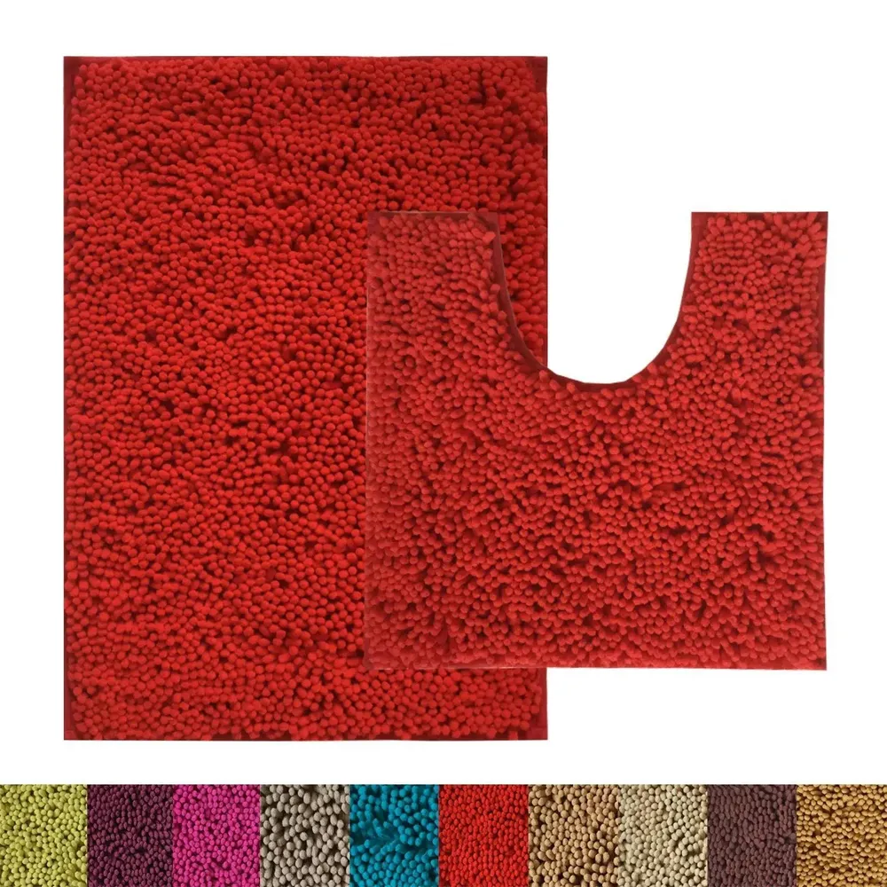 Lushomes Chenille Rococco Red No-Slip 2200 GSM Bathmat Set