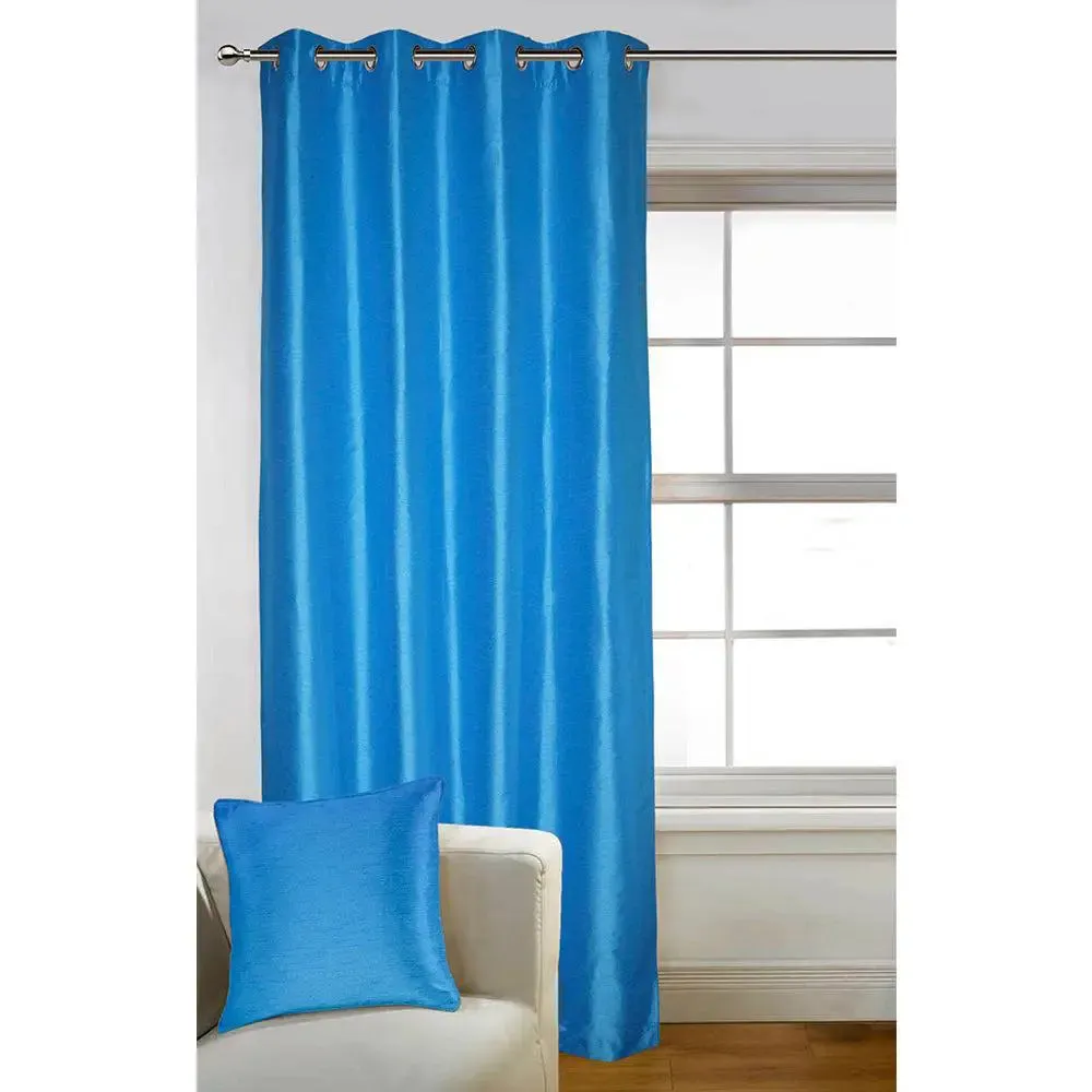 Lushomes Polyester Blue Art Silk Long Door Curtain with Polyester Lining ( 54 x 108 Inches, Pack of 1)