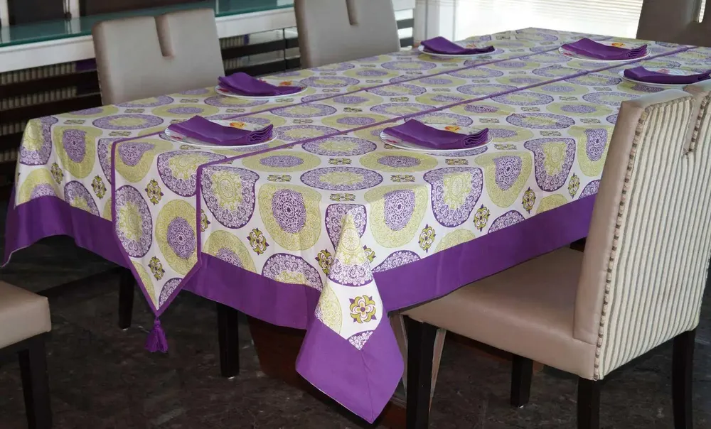 Lushomes Purple Digital Printed 6 Seater Small Cotton Table Linen Set (Pack of 8)