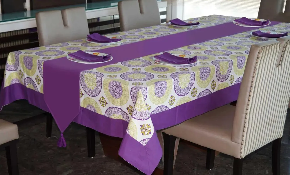 Lushomes Purple Digital Printed 6 Seater Small Cotton Table Linen Set (Pack of 8)