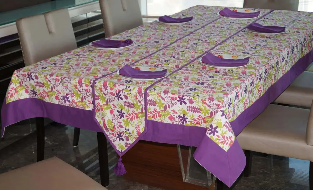 Lushomes Purple Rain Printed 6 Seater Small Cotton Table Linen Set (Pack of 8)
