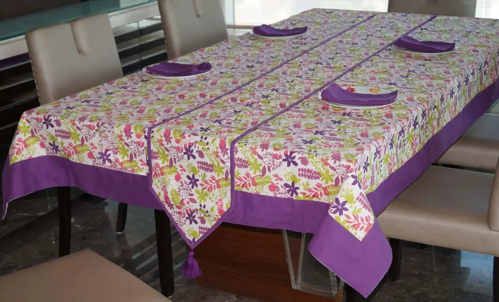 Lushomes Purple Rain Printed 6 Seater Small Cotton Table Linen Set (Pack of 8)