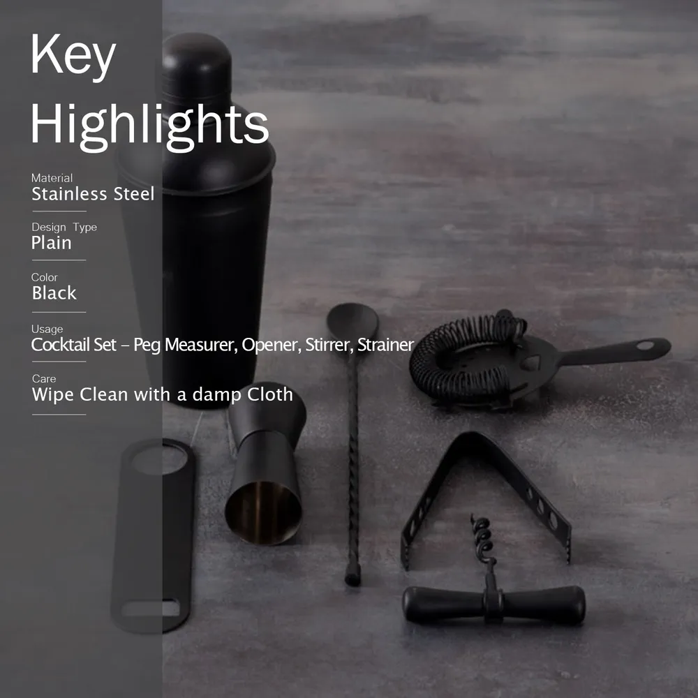 Lustrous Black Stainless Steel Bar Tool Set Of 7