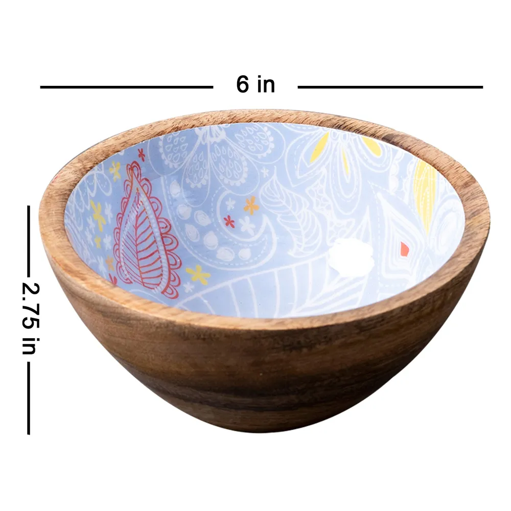Lustrous Blue Enamel Print Conical Wood Serving Bowl Set Of 4