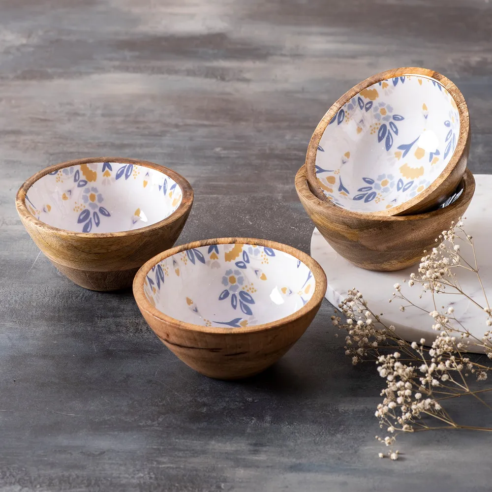 Lustrous Blue Enamel Print Wood Serving Bowl Set Of 4