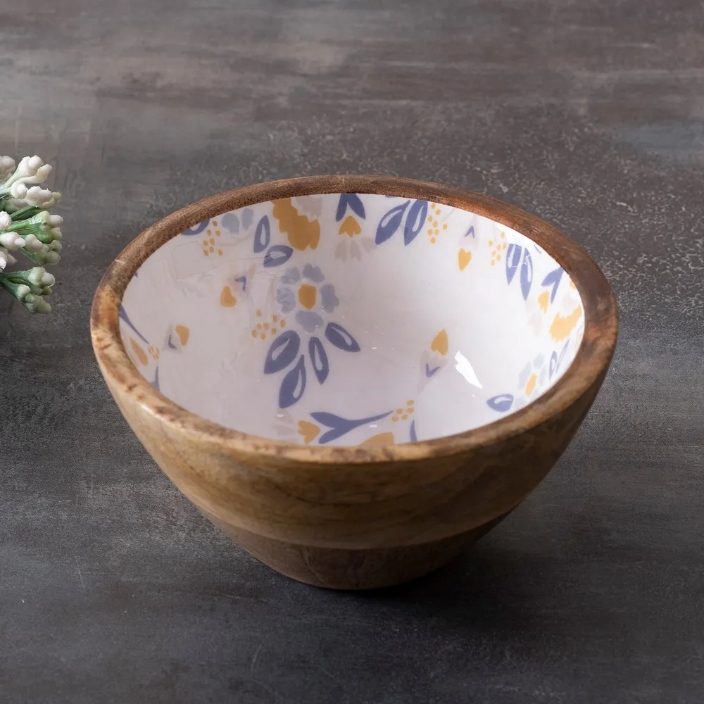 Lustrous Blue Enamel Print Wood Serving Bowl Set Of 4