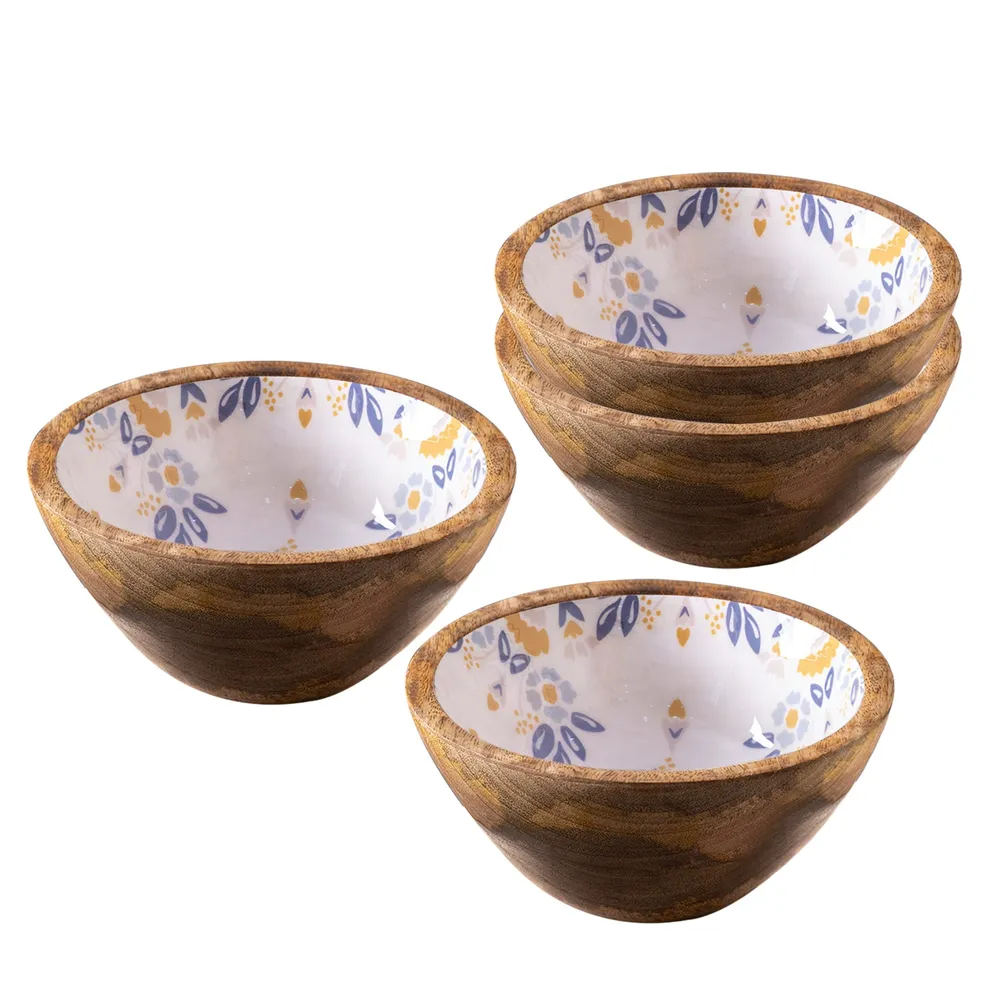 Lustrous Blue Enamel Print Wood Serving Bowl Set Of 4