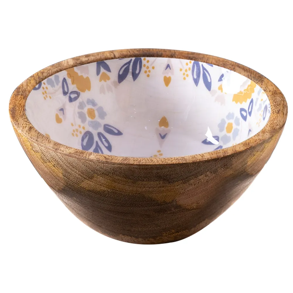 Lustrous Blue Enamel Print Wood Serving Bowl Set Of 4