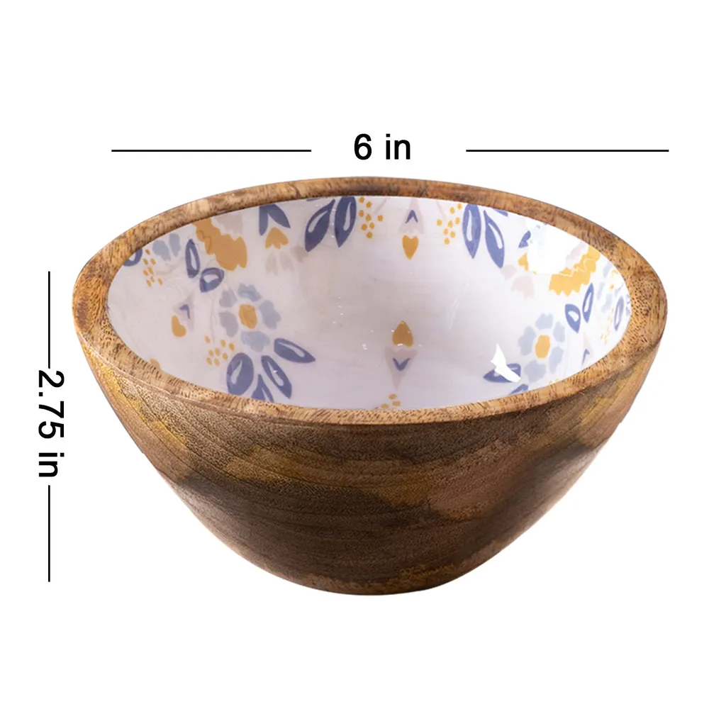 Lustrous Blue Enamel Print Wood Serving Bowl Set Of 4