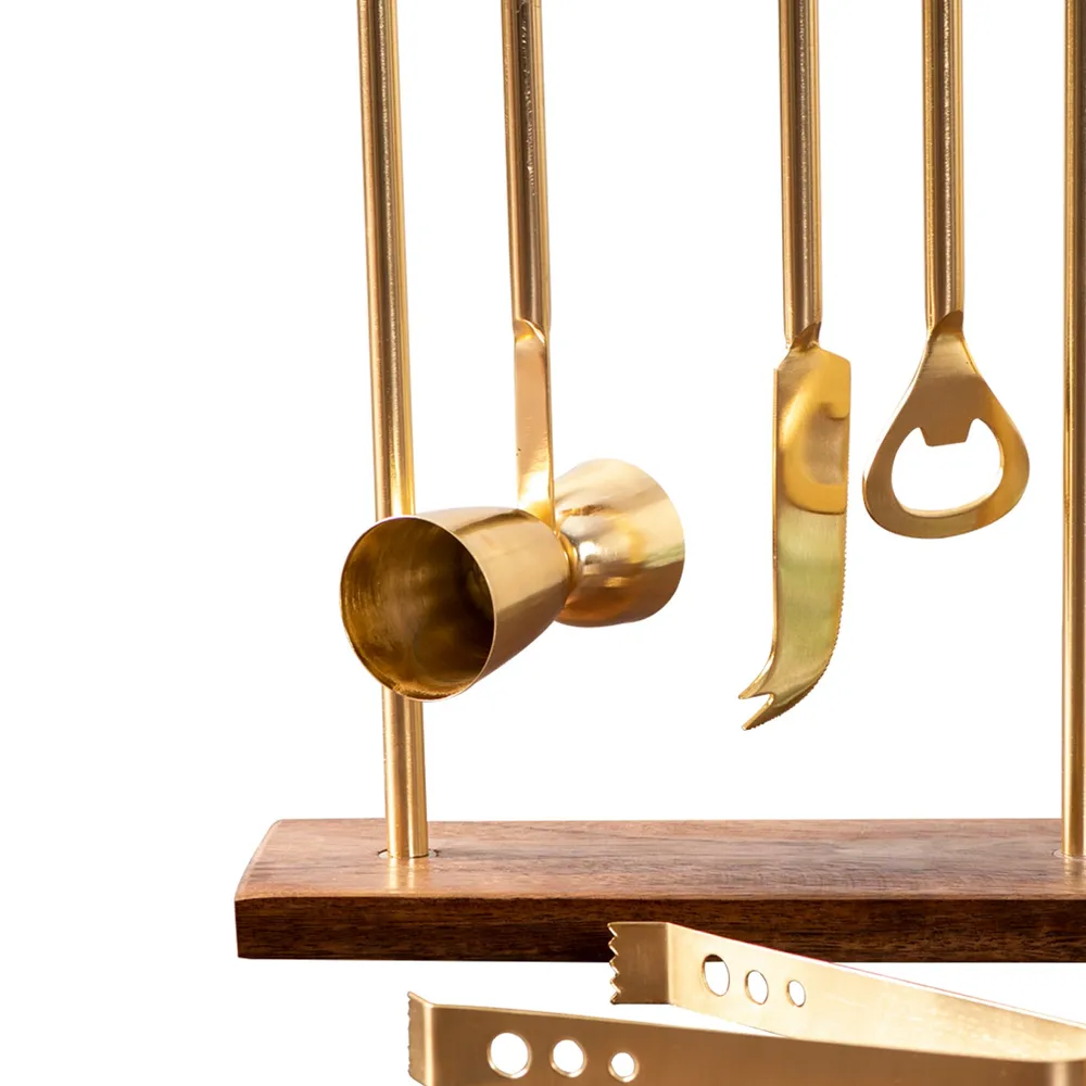 Lustrous Gold Stainless Steel Bar Tool Set Of 4 With Stand