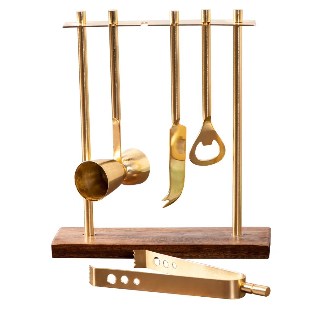 Lustrous Gold Stainless Steel Bar Tool Set Of 4 With Stand