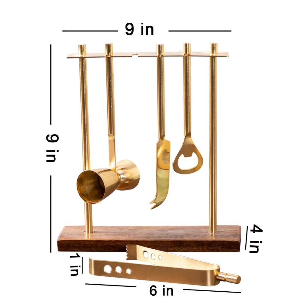 Lustrous Gold Stainless Steel Bar Tool Set Of 4 With Stand