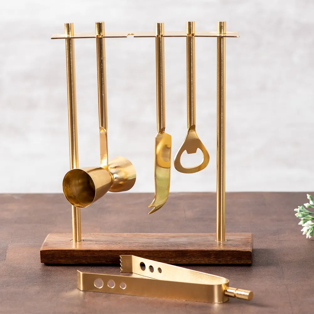 Lustrous Gold Stainless Steel Bar Tool Set Of 4 With Stand