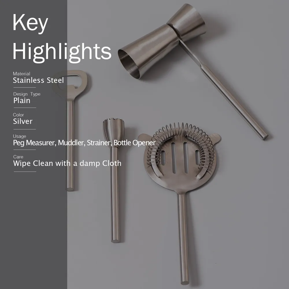 Lustrous Silver Stainless Steel Bar Tool Set Of 4