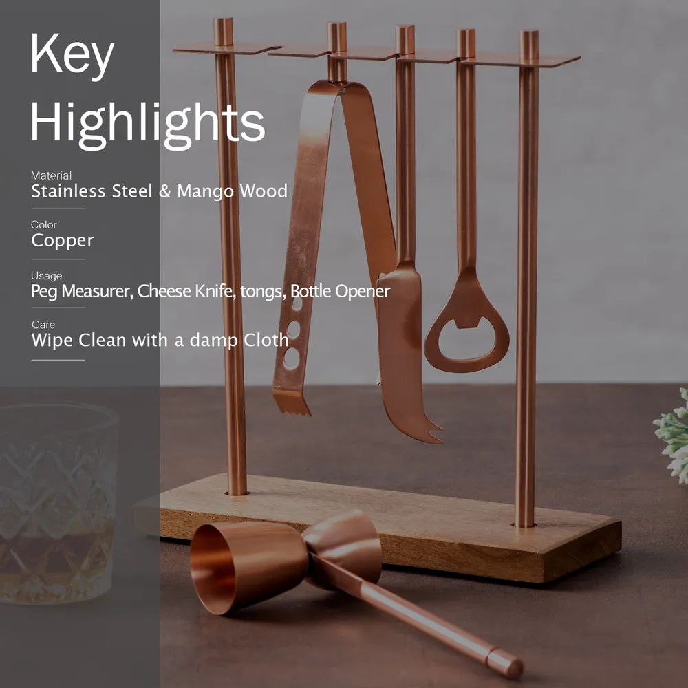 Lustrous Silver Stainless Steel Bar Tool Set Of 4 With Stand