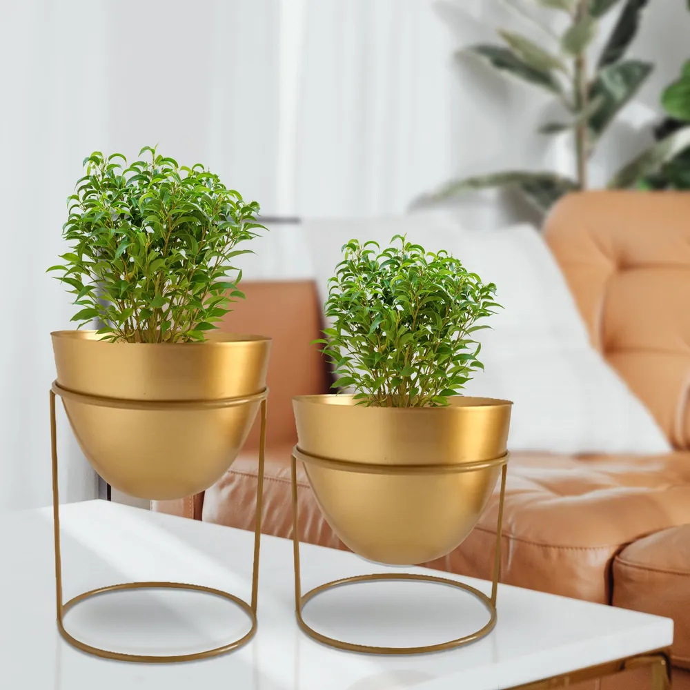 Lux Hand-hammered Ovate Gold Metal Desk Planter with Stand- Set of 2
