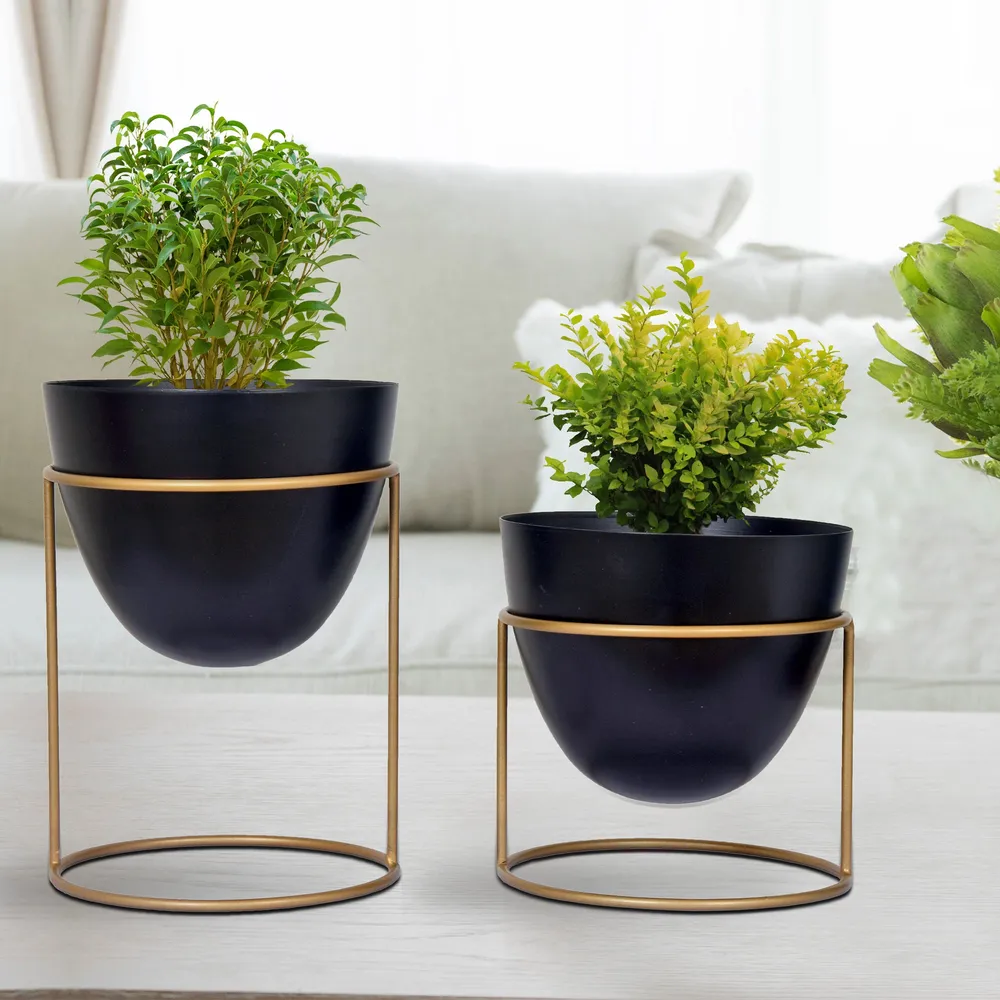 Lux Ovate Black & Gold Desk Planter with Stand- Set of 2