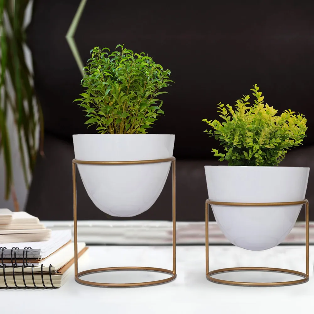 Lux Ovate White & Gold Desk Planter with Stand- Set of 2