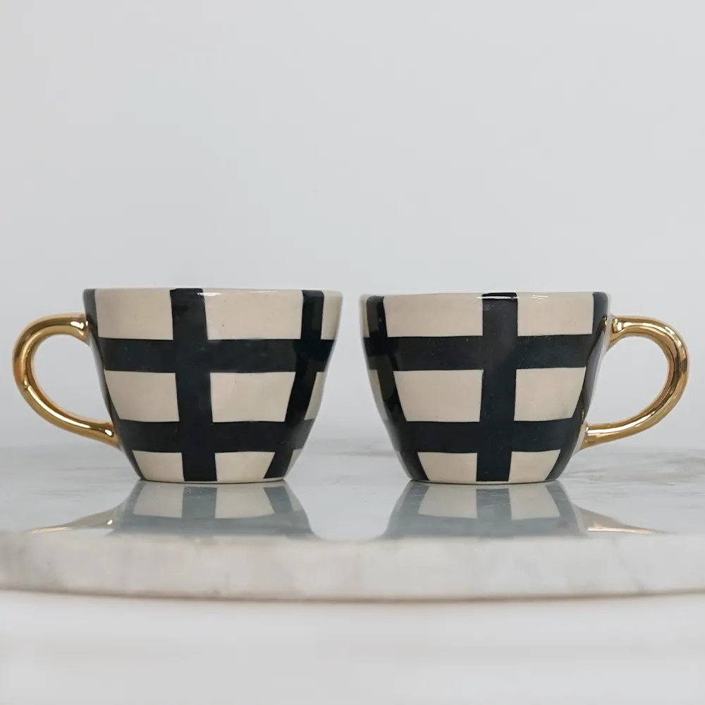 Luxe Checkered Ceramic Tea Cups With Gold Handle  Set of 2