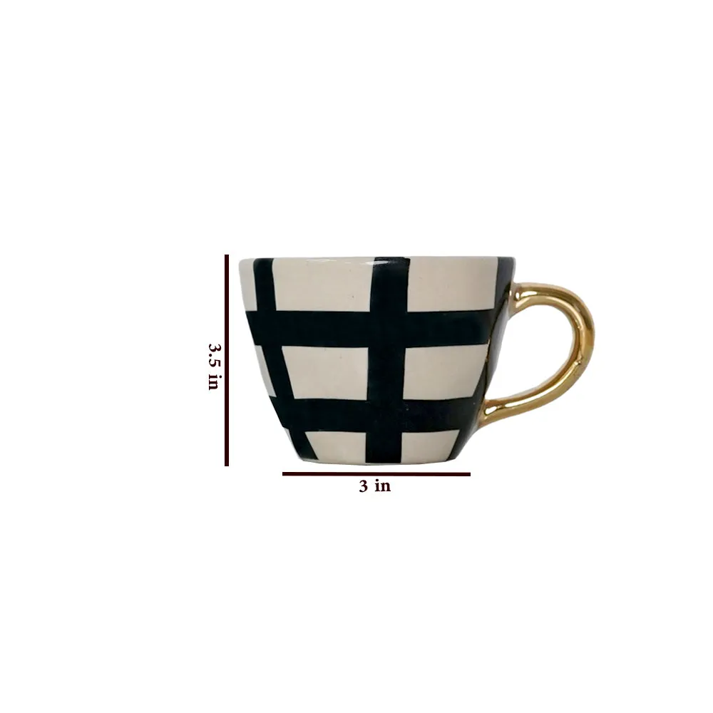 Luxe Checkered Ceramic Tea Cups With Gold Handle  Set of 2