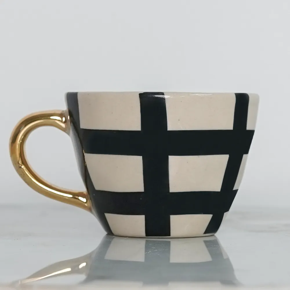 Luxe Checkered Ceramic Tea Cups With Gold Handle  Set of 2