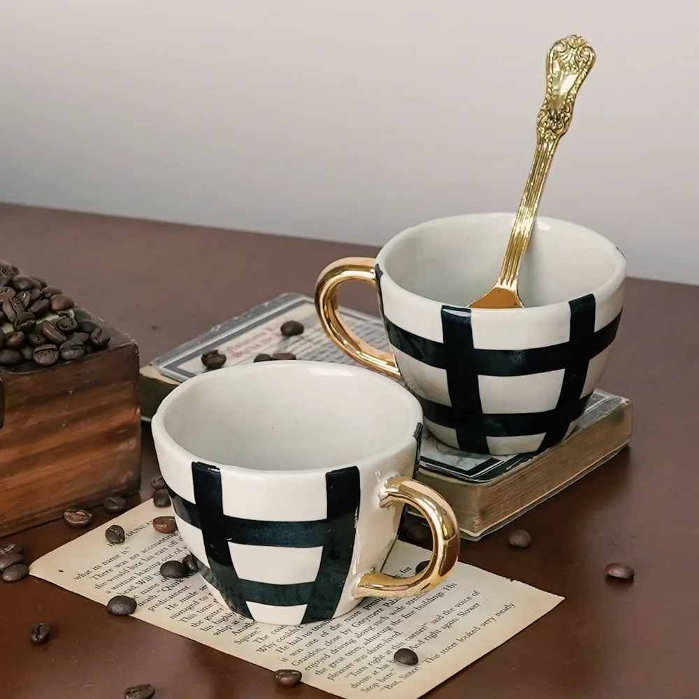 Luxe Checkered Ceramic Tea Cups With Gold Handle  Set of 2