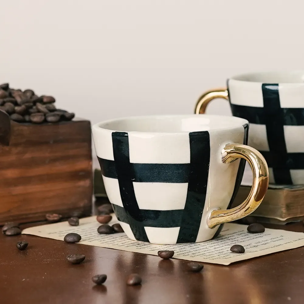 Luxe Checkered Ceramic Tea Cups With Gold Handle  Set of 2