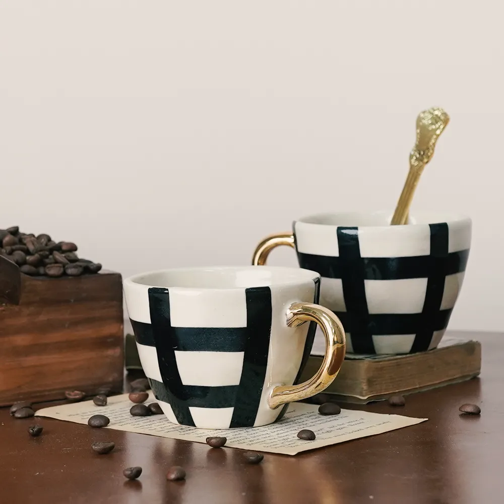 Luxe Checkered Ceramic Tea Cups With Gold Handle  Set of 2