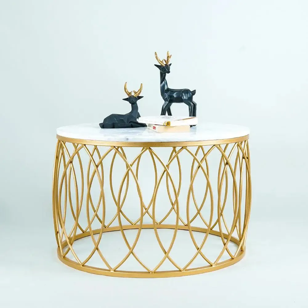 Luxe Designer Center Table in Golden &amp; White Colour- Intertwined Pattern