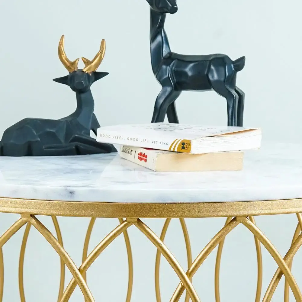 Luxe Designer Center Table in Golden &amp; White Colour- Intertwined Pattern