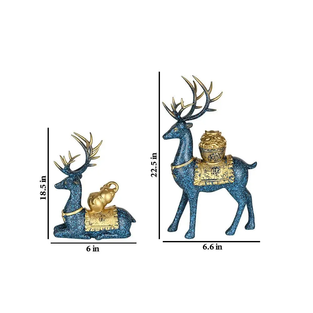 Luxe Gold & Blue Polyresin Swamp Deer Statues (Set of 2) Sitting