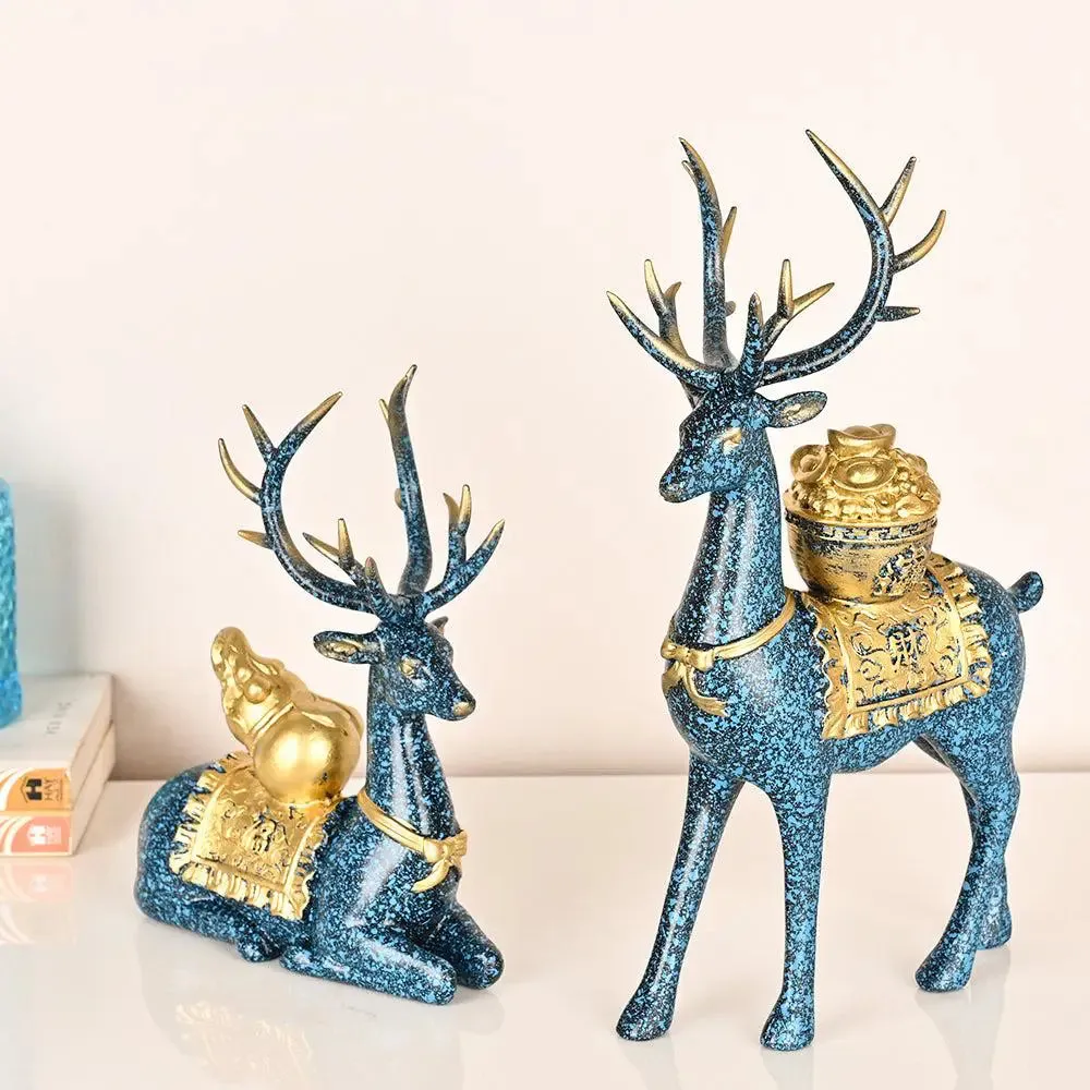 Luxe Gold & Blue Polyresin Swamp Deer Statues (Set of 2) Sitting